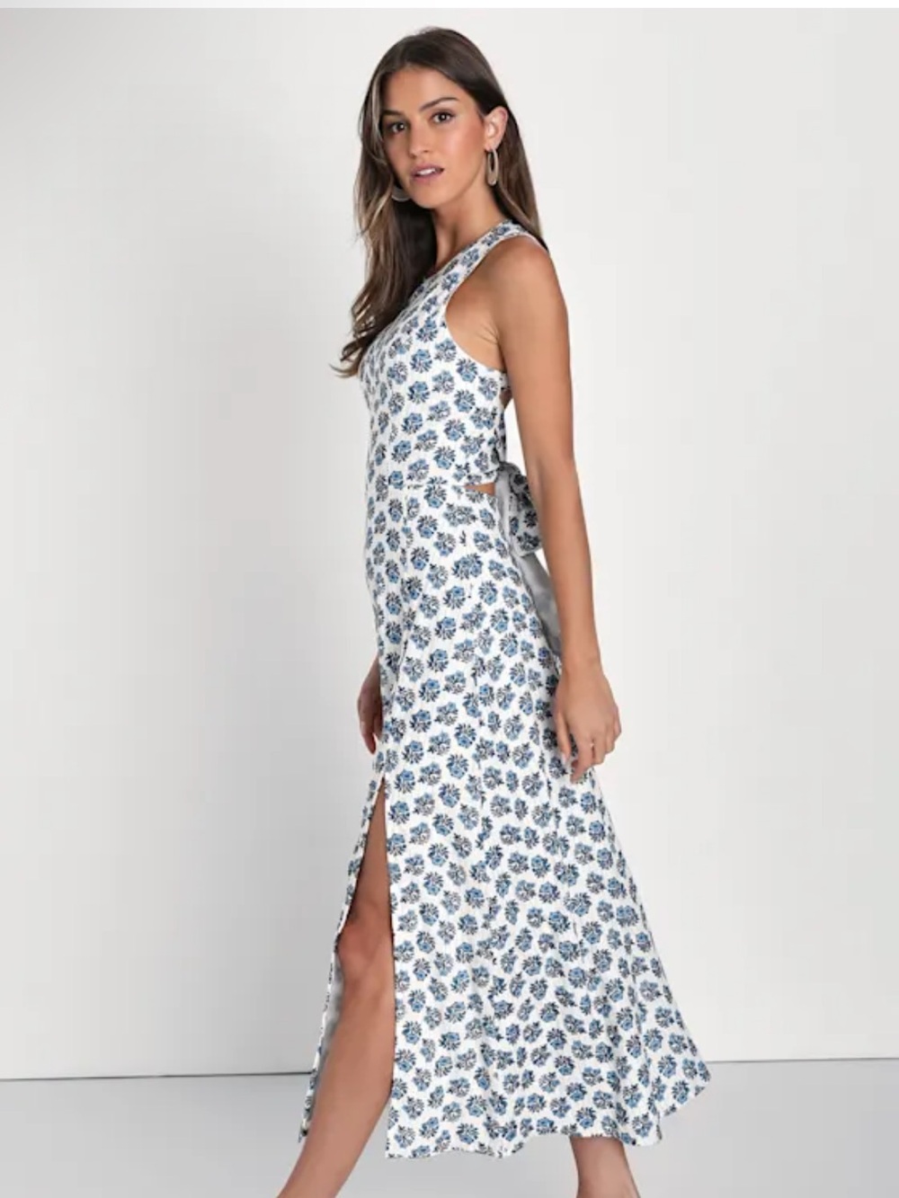 Lulus Flirty Fave Ivory Blue Floral Print Tie-Back Sleveless Midi Dress Sz Large - Picture 6 of 8